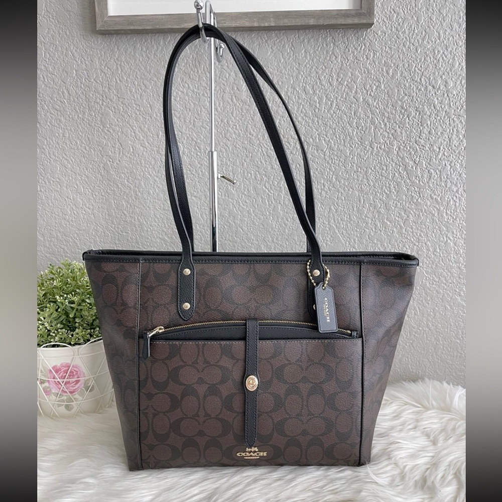 Coach Signature City Zip Tote with Pouch in Brown/Black F54700. NWT